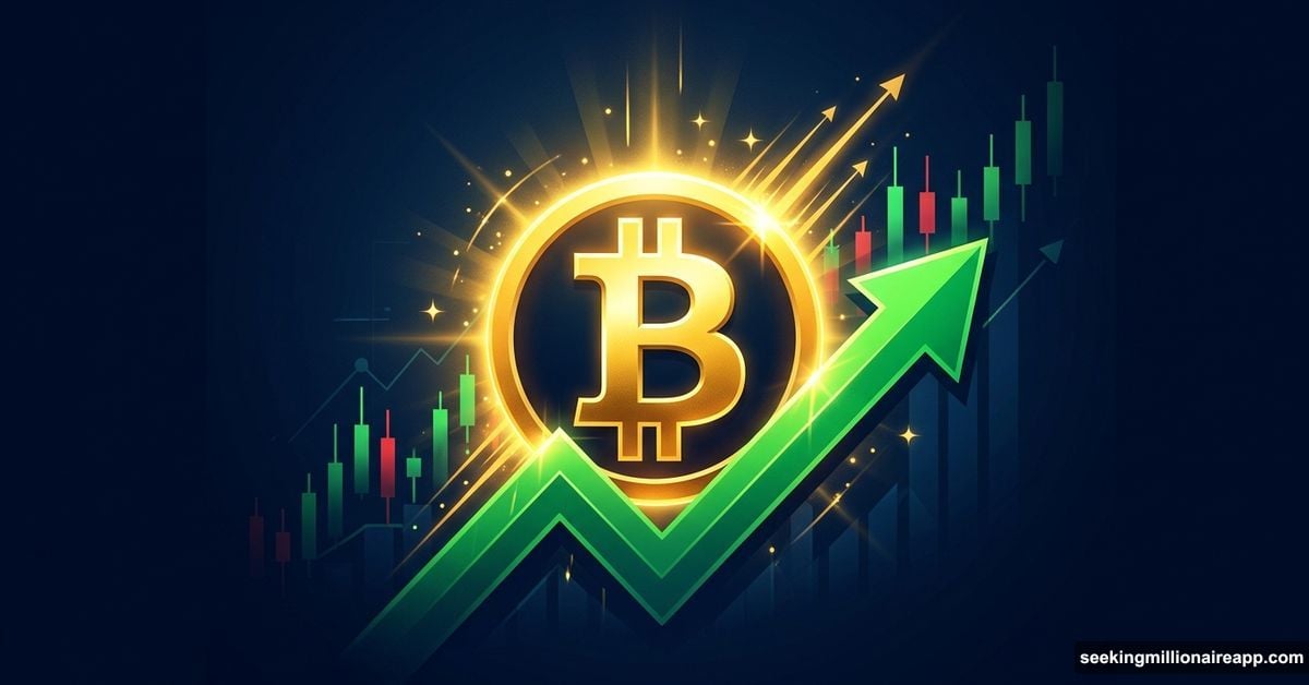 Golden Bitcoin symbol rising on green arrow showing crypto market recovery