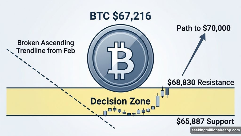 Bitcoin trading at $67,216 caught between support and resistance ceiling