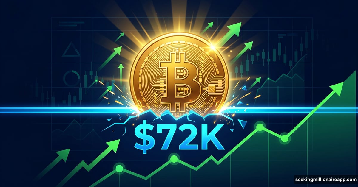 Golden Bitcoin coin breaking through $72K resistance barrier upward