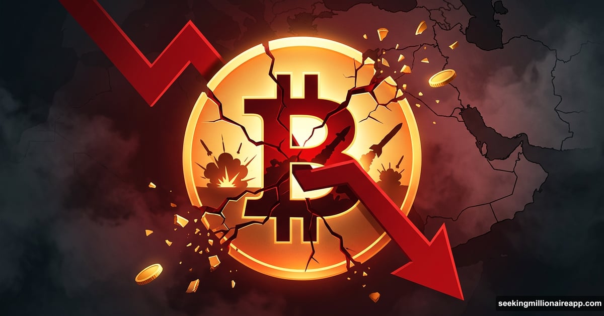 Bitcoin symbol crashing amid US-Israel Iran strike geopolitical shock