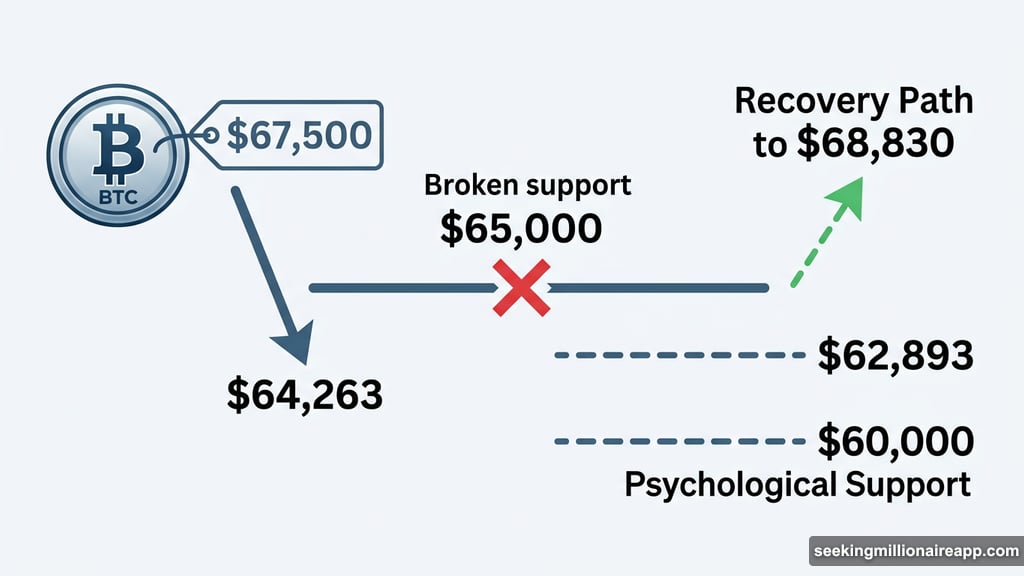 Bitcoin price drops from $67,500 to $64,263 below $65,000 support