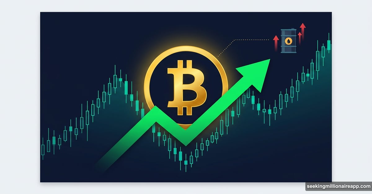 Bitcoin symbol rising on green arrow with crypto market recovery chart
