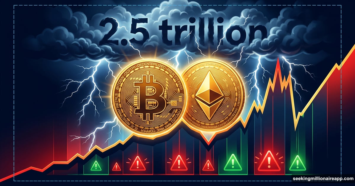 Bitcoin and Ethereum coins above volatile chart with storm clouds brewing