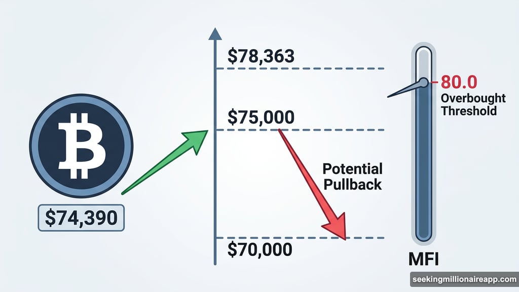 Bitcoin briefly crosses $75,000 as MFI approaches overbought threshold
