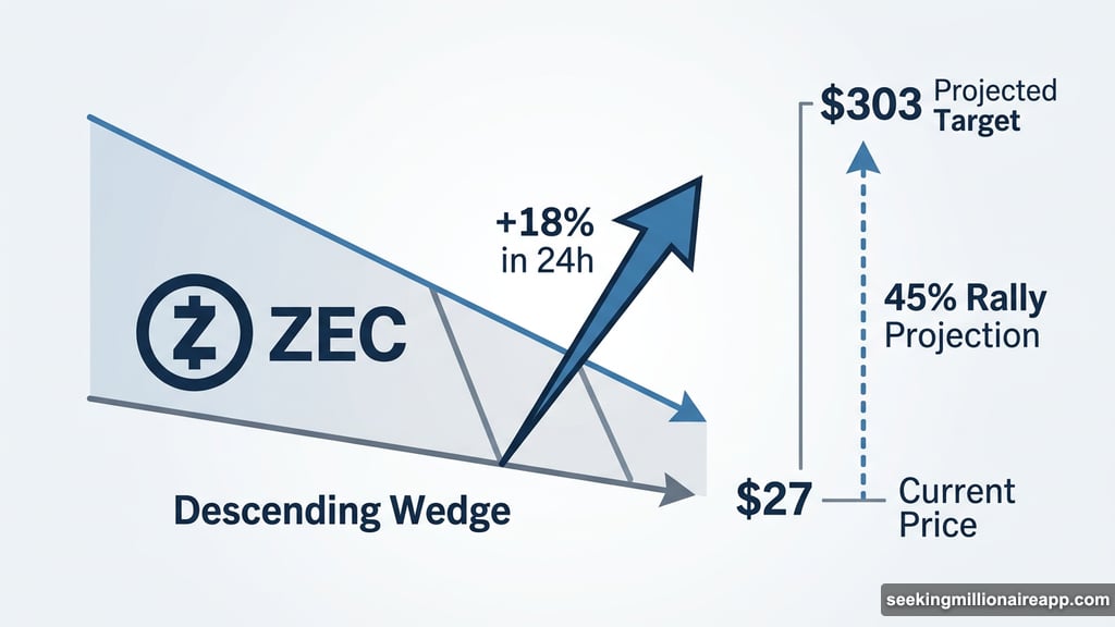 Zcash breaks descending wedge pattern with 18% rally toward $303