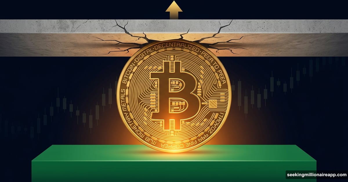 Bitcoin coin pushing against a resistance ceiling with support floor below