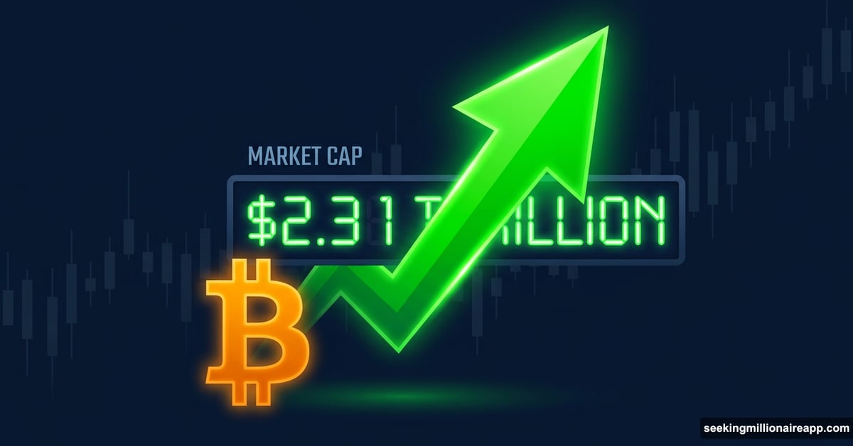 Green arrow surging upward with Bitcoin logo and trillion-dollar market cap