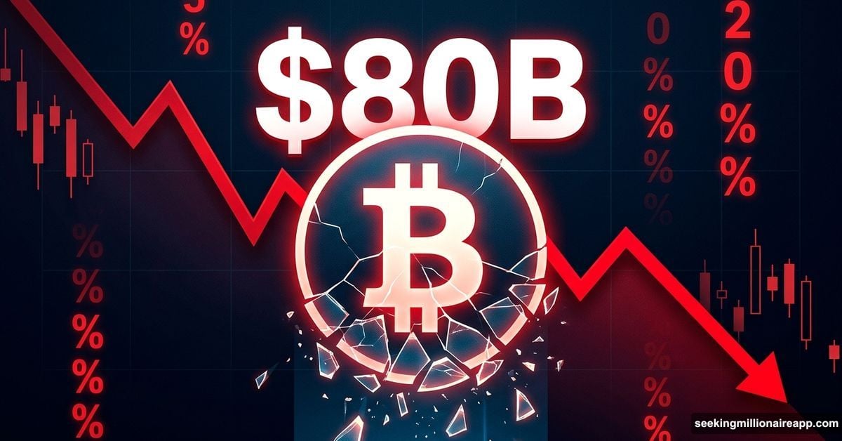 Cracking Bitcoin symbol with red charts showing $80 billion market crash