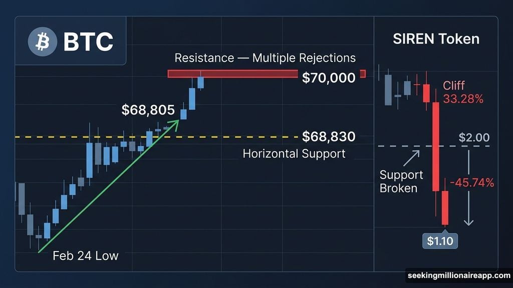 Bitcoin clings to trendline while Siren token collapses 33 percent