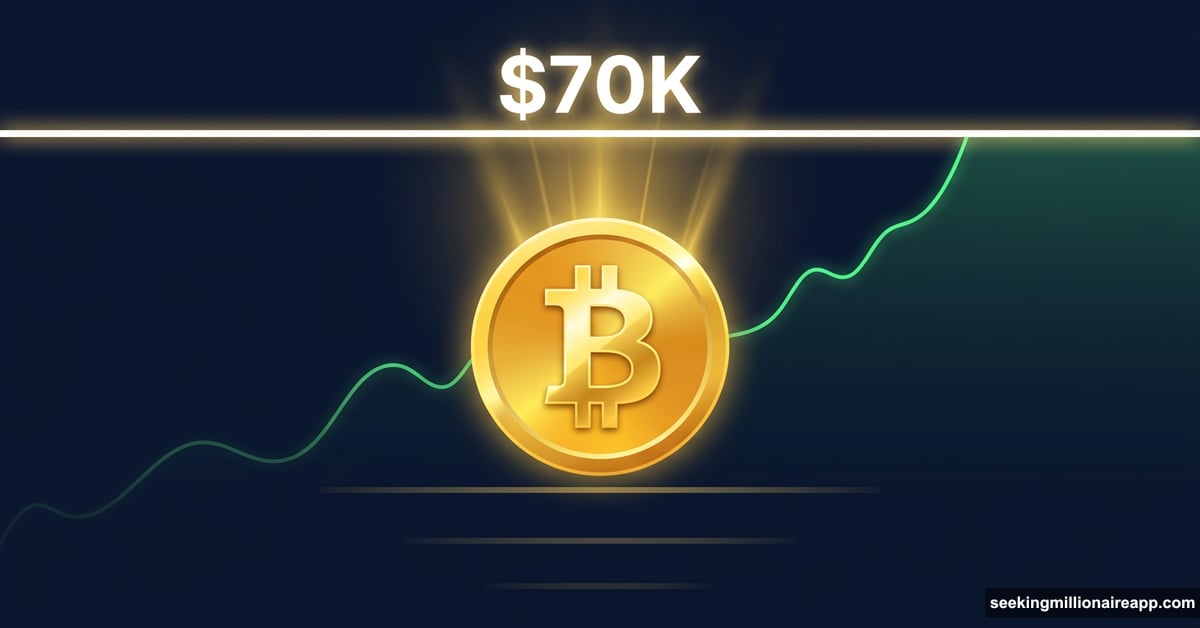 Golden Bitcoin coin surging upward toward glowing $70K breakout line