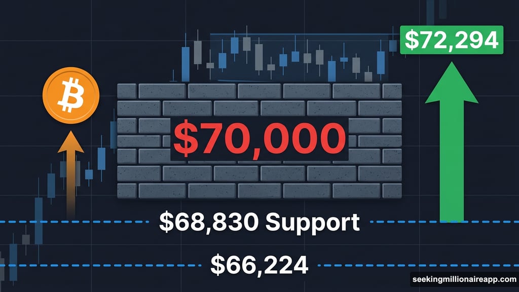 Bitcoin stalls below $70,000 resistance with support near $68,830