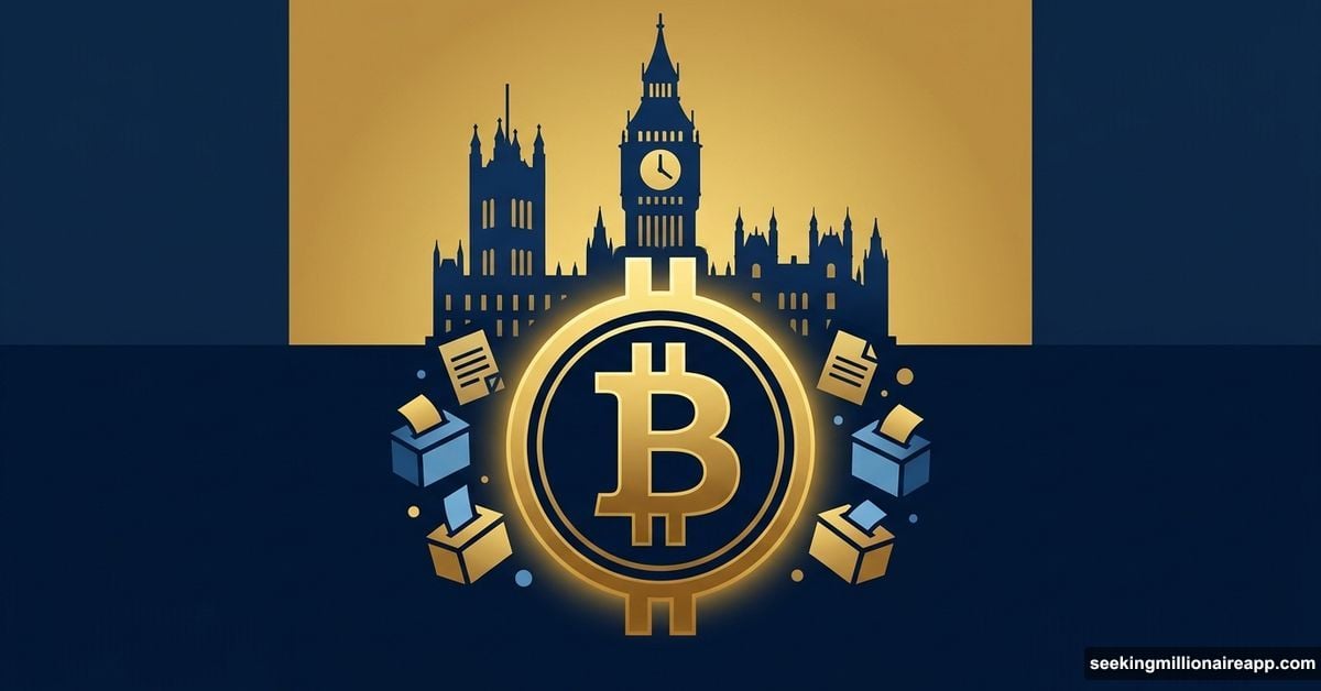 Bitcoin symbol merging with UK Parliament silhouette representing crypto voters