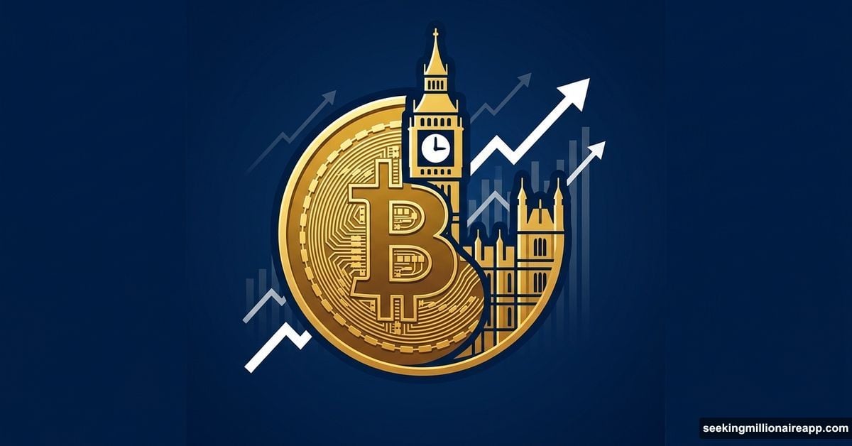 Bitcoin coin fused with UK Parliament building symbolizing crypto political power