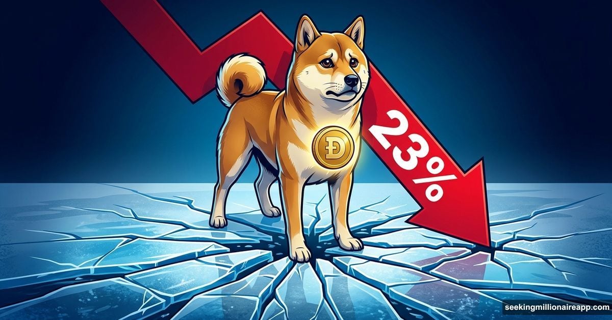 Dogecoin mascot on cracking ice with red downward arrow