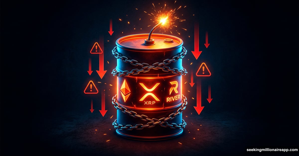 Crypto powder keg with ETH XRP RIVER symbols and burning fuse