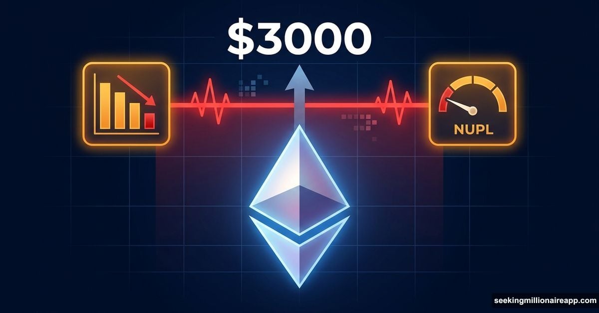 Ethereum symbol pushing toward $3000 barrier with warning signals blocking path