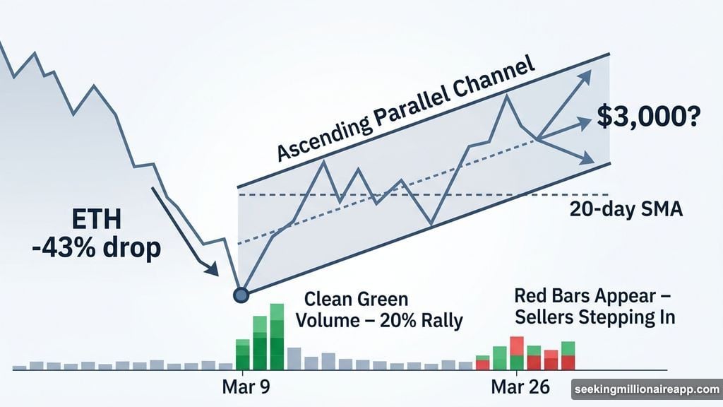Ethereum ascending parallel channel with 20-day SMA reclaim and contrasting volume bars