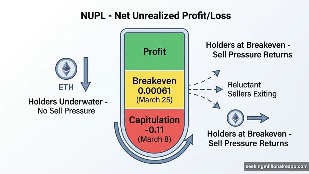 NUPL gauge showing Ethereum holders shifting from capitulation zone to breakeven