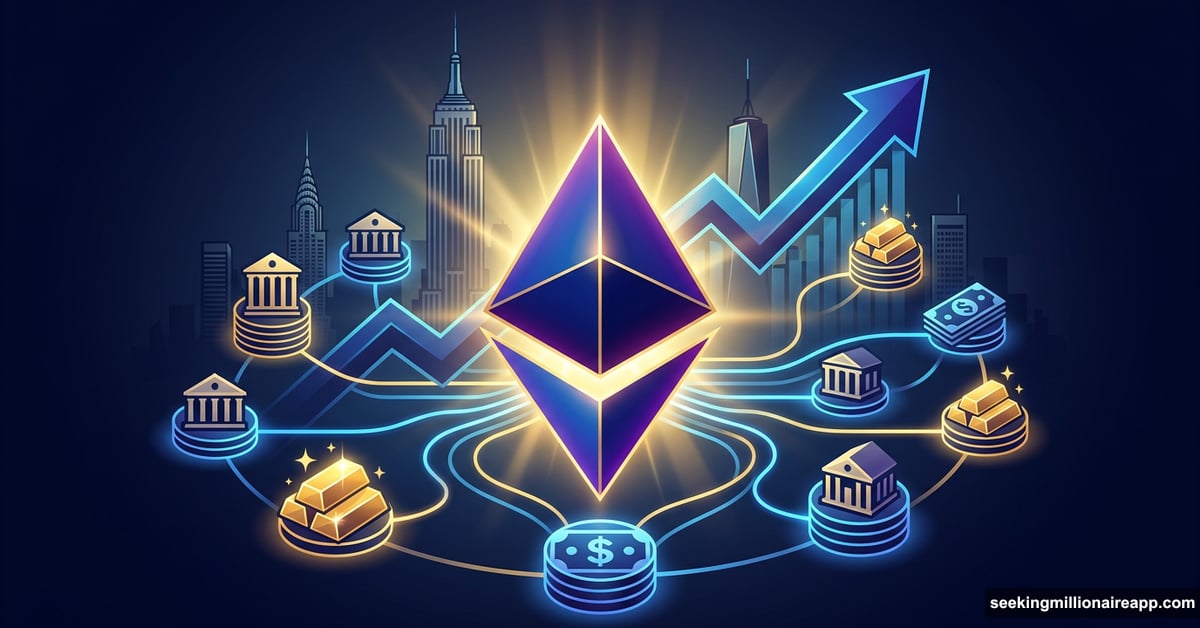 Ethereum logo at center of glowing tokenized real-world assets network