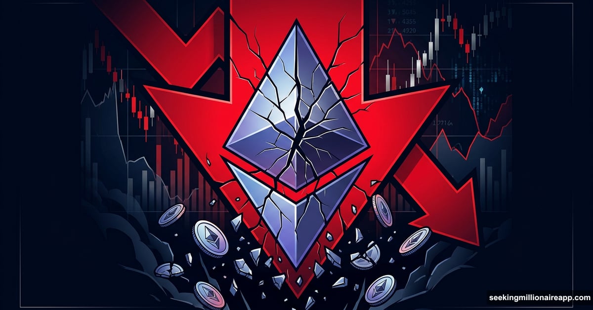 Cracked Ethereum logo with red bearish arrow signaling price collapse