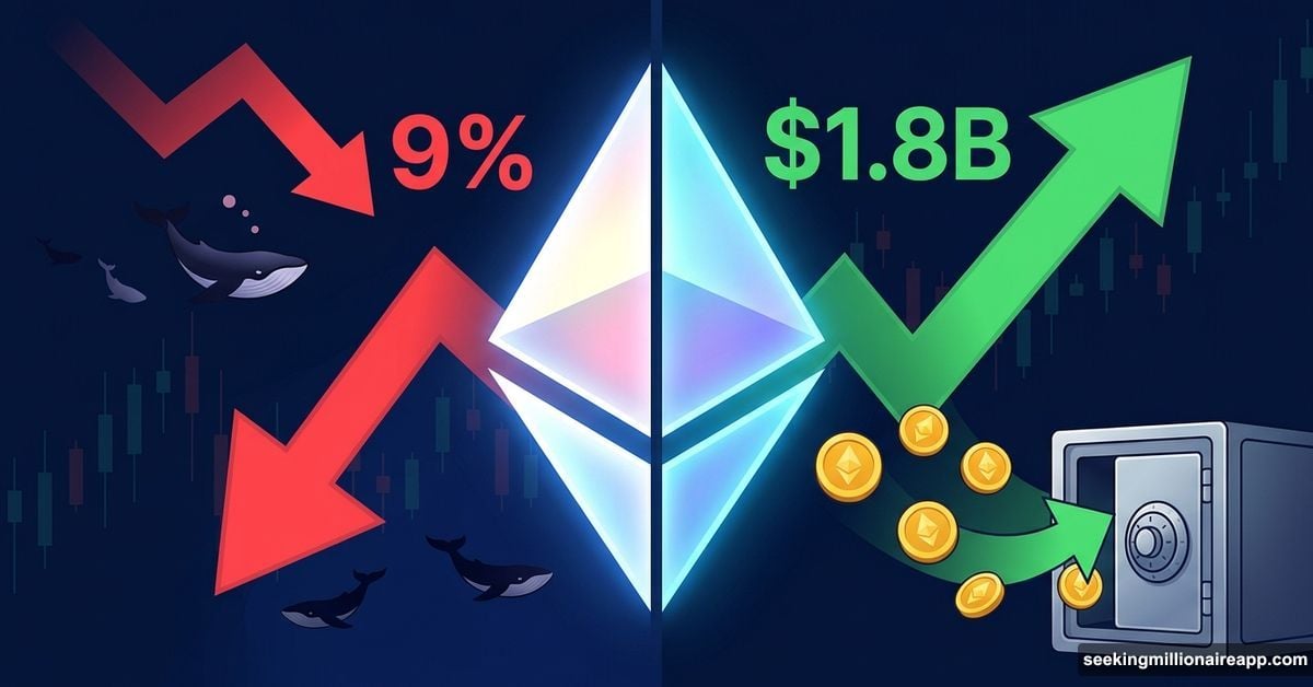 Ethereum logo split between whale selling pressure and 1.8 billion buying signal