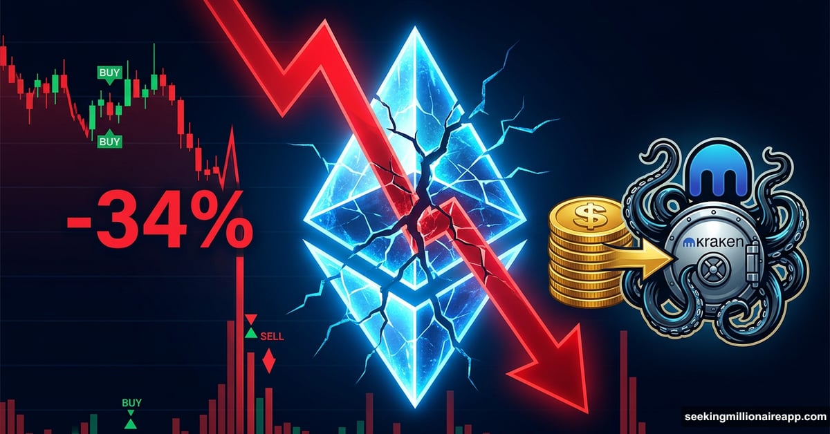 Cracking Ethereum logo with red decline arrow and Kraken exchange symbol