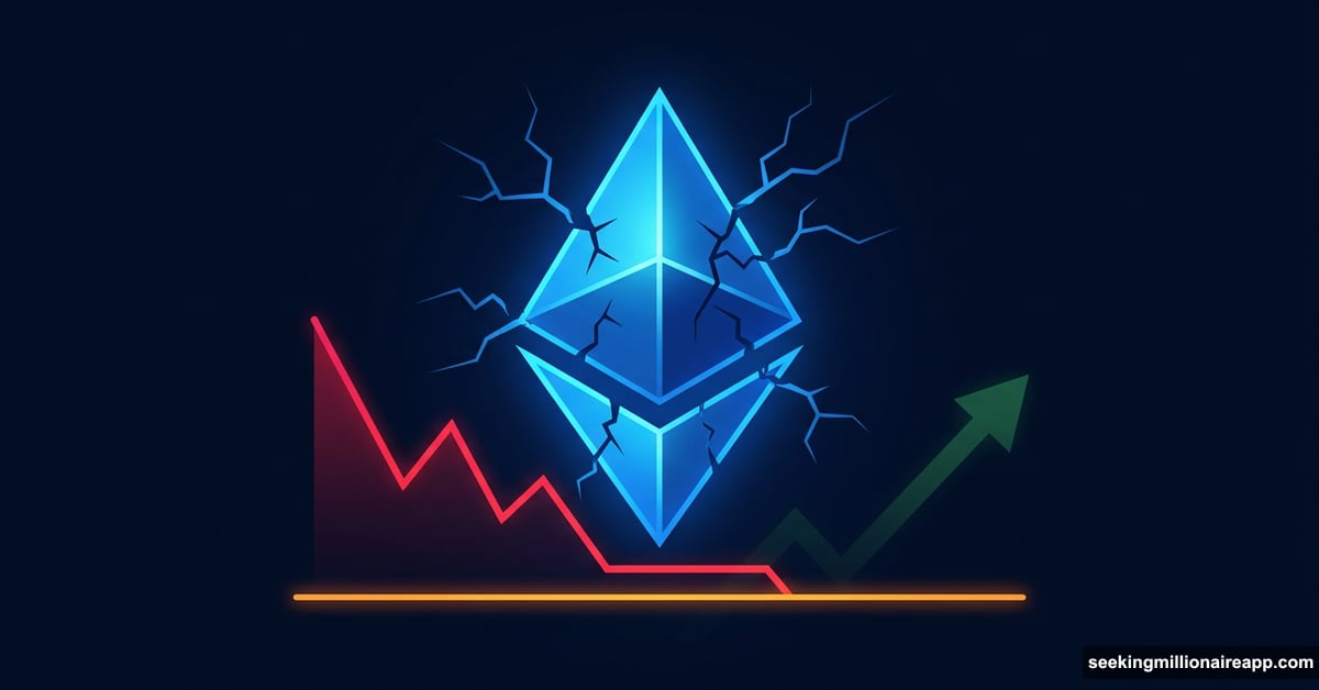 Cracked Ethereum logo above critical price support line showing holder retention drop