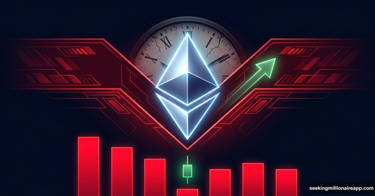 Ethereum logo trapped in falling red channel with breaking green arrow