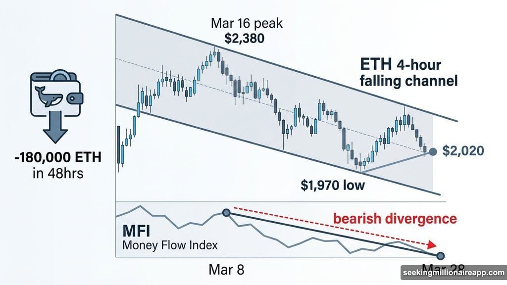 ETH falling channel trapped between $1,970 and $2,380 with bearish MFI divergence