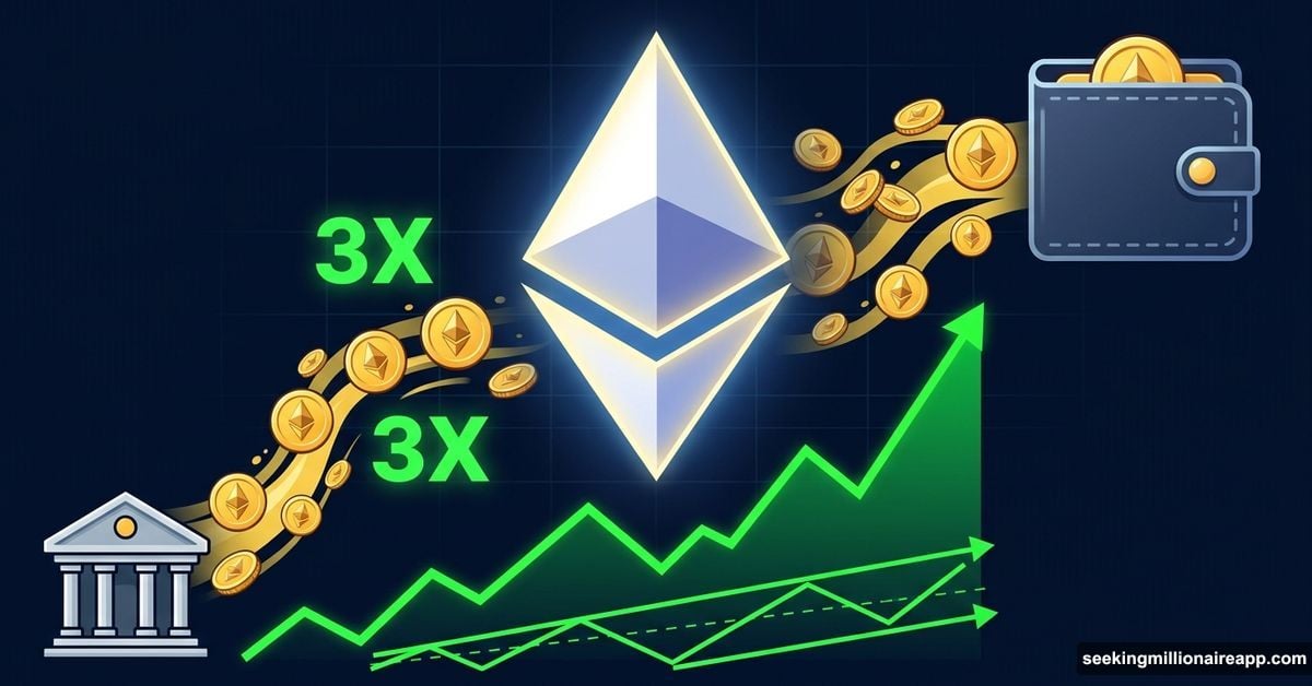 Ethereum logo rising with 3x spot accumulation outflow signal glowing green