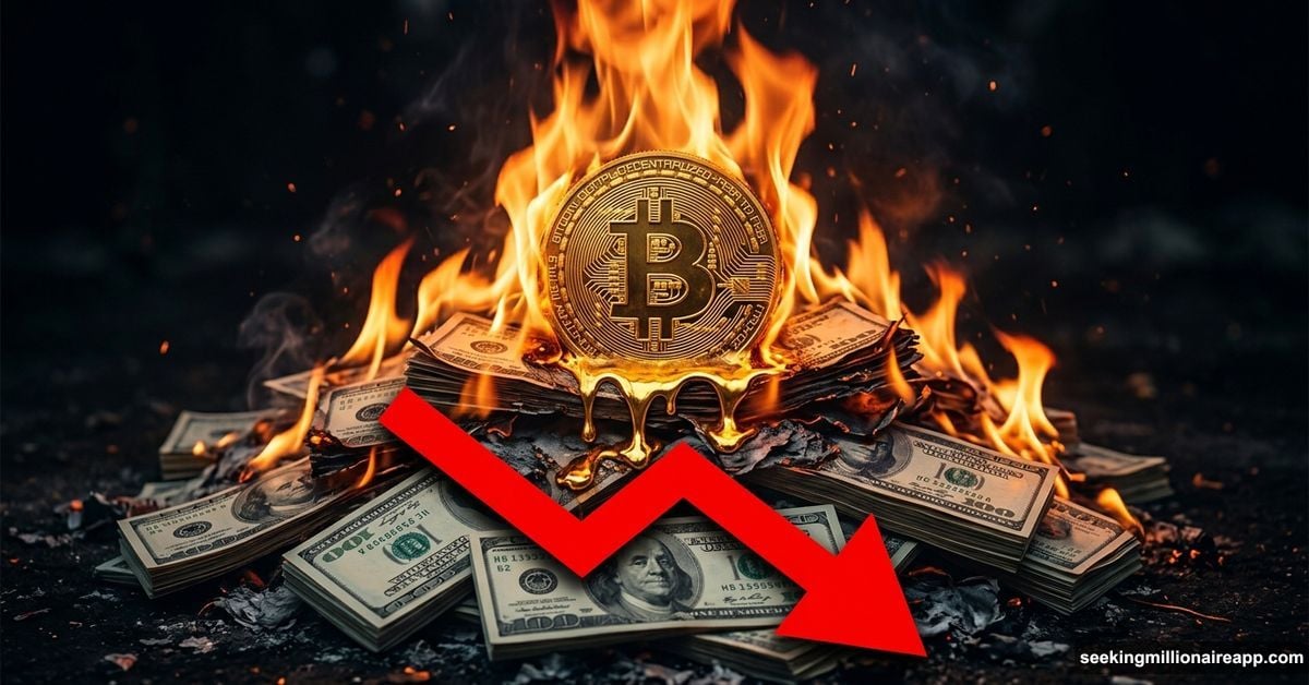 Burning pile of cash with melting Bitcoin coin and downward arrow