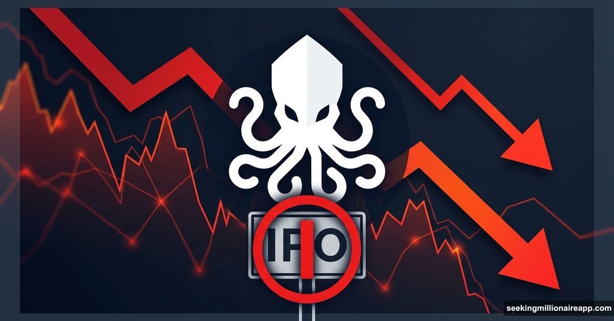 Kraken logo with red downward arrow symbolizing IPO delay in bear market