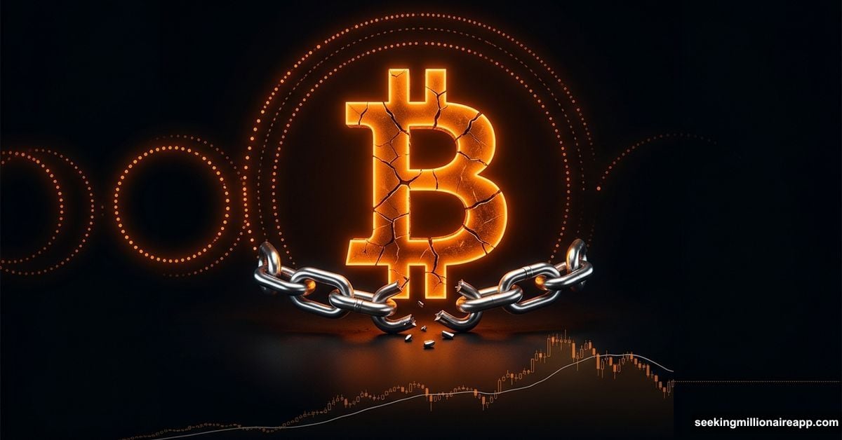 Cracked Bitcoin symbol with broken chain ending a 13-week streak