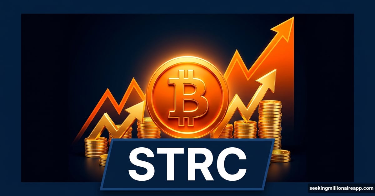 Bitcoin symbol rising above STRC preferred stock with surging capital arrows