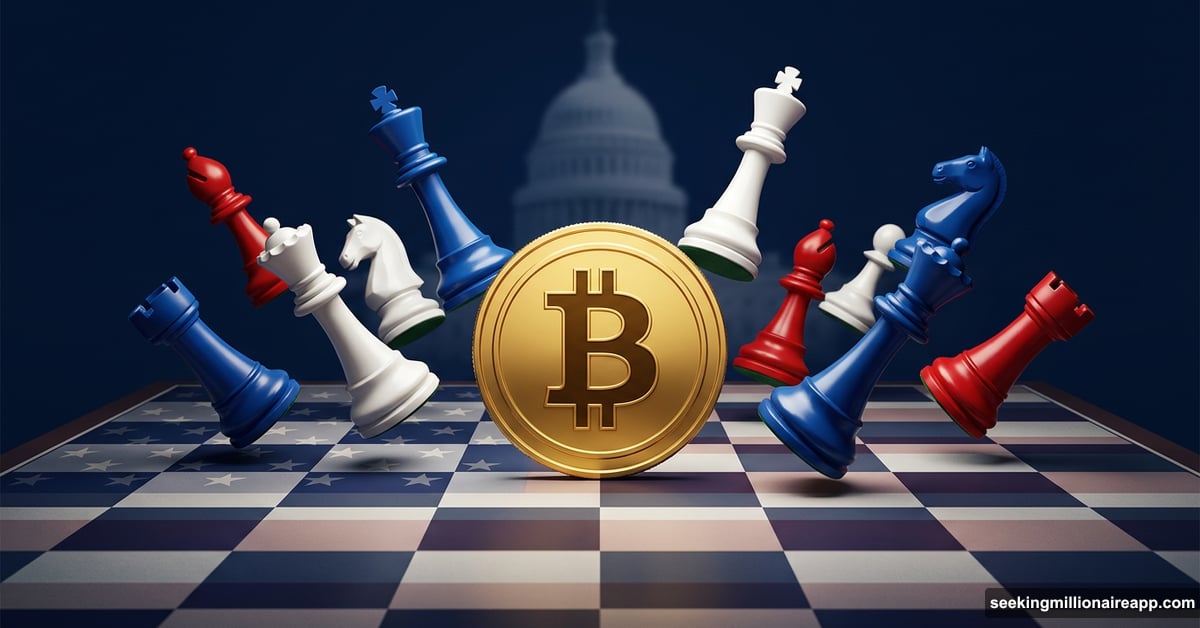 Bitcoin coin on political chessboard with tipping Senate seat pieces