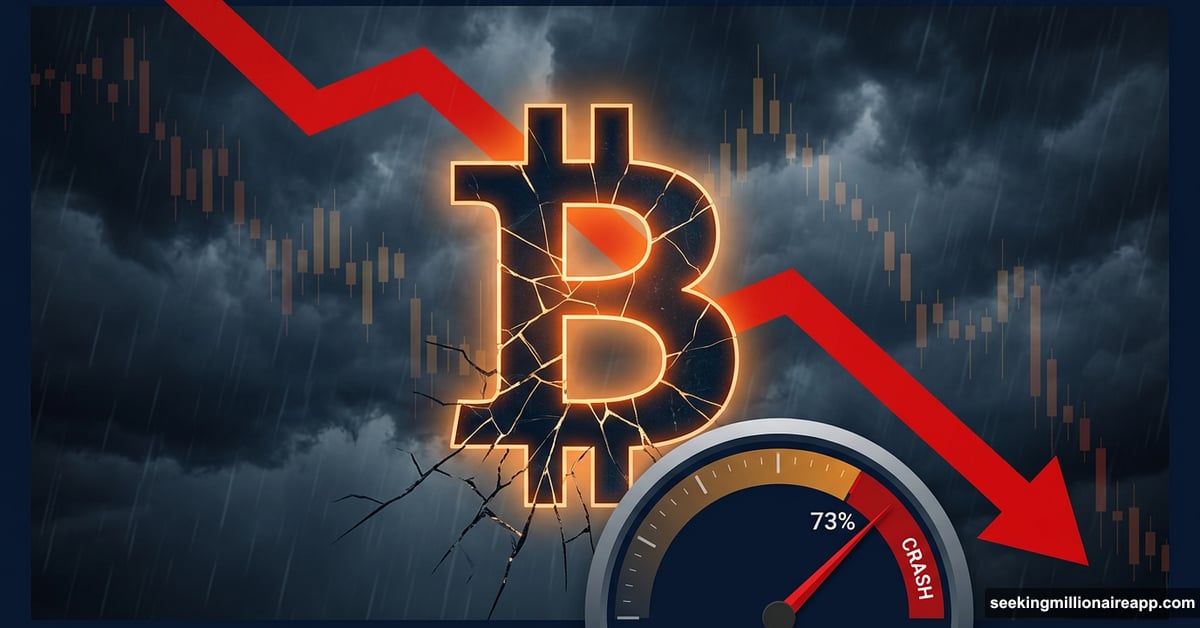 Cracking Bitcoin symbol with red downward arrow and crash probability gauge