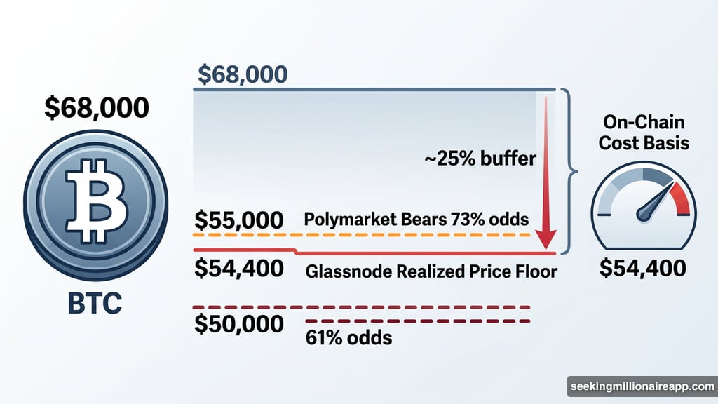 Bitcoin realized price floor at $54,400 and Polymarket bearish odds clustering