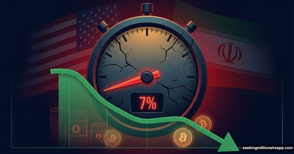 Crashing ceasefire probability gauge symbolizing prolonged US-Iran conflict