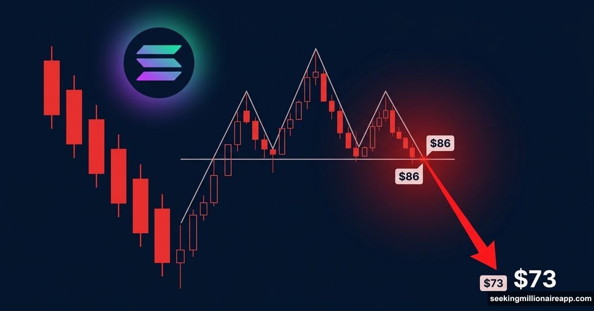 Solana logo above falling head-and-shoulders chart targeting $73 breakdown