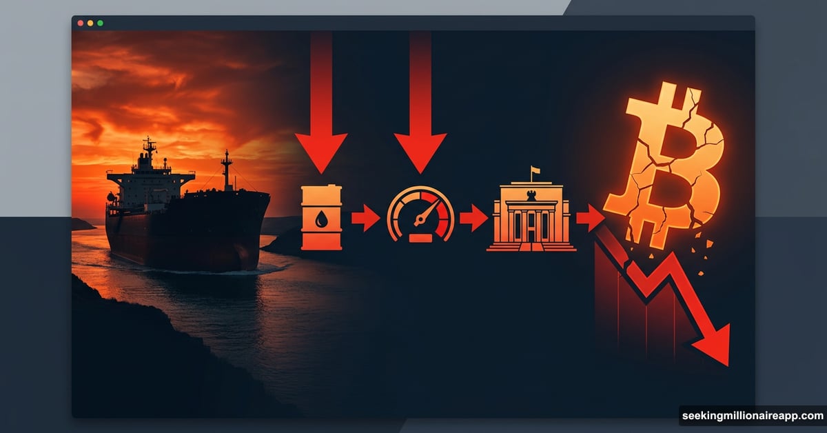 Oil tanker blockade icon linked to crashing Bitcoin price chart