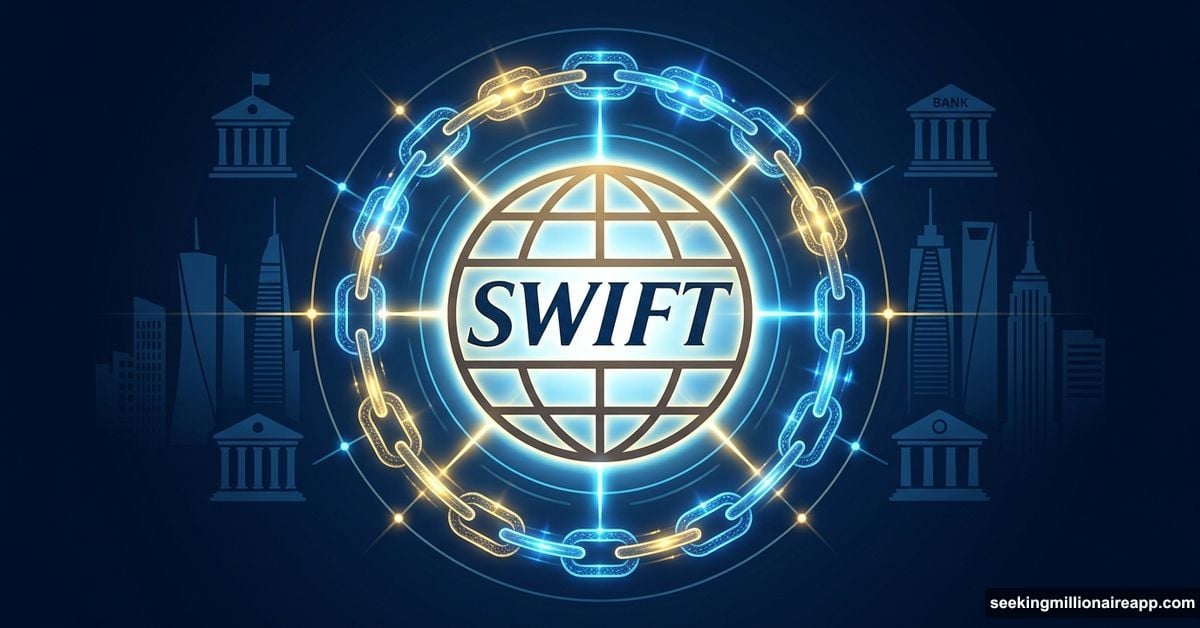 SWIFT logo connected to glowing blockchain network linking global banks