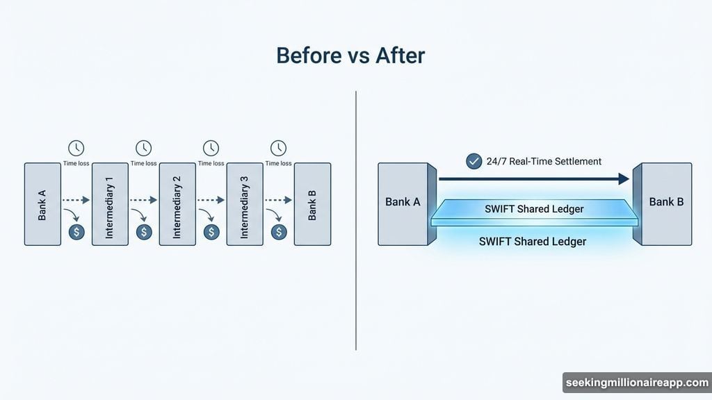 SWIFT shared ledger replaces correspondent banking with single-layer settlement