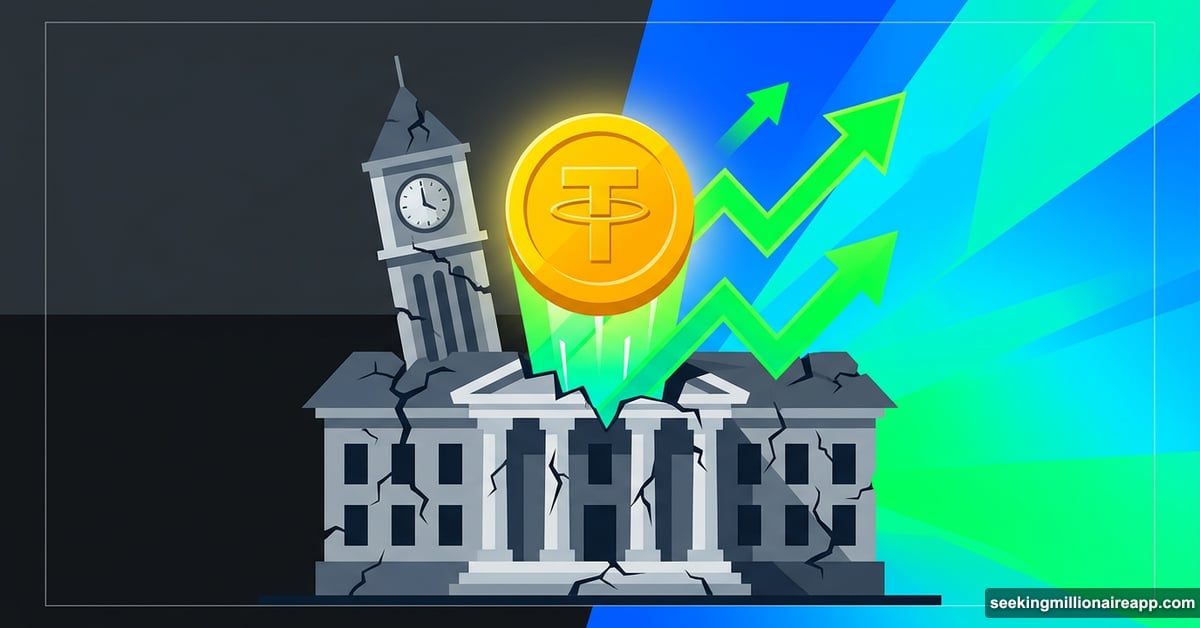 Crumbling bank replaced by glowing stablecoin with rising yield arrows