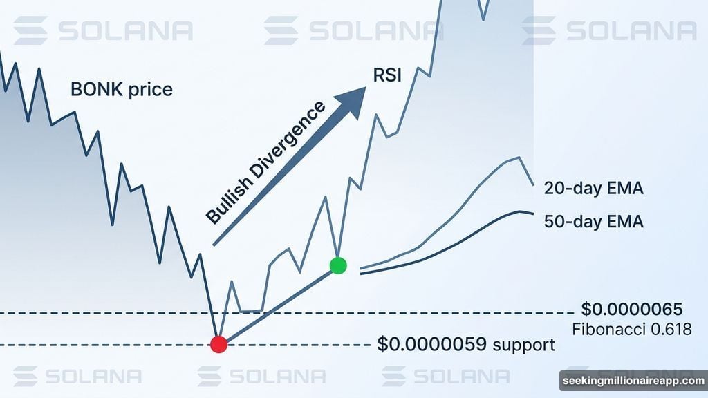 BONK bullish RSI divergence with Fibonacci retracement level and EMAs