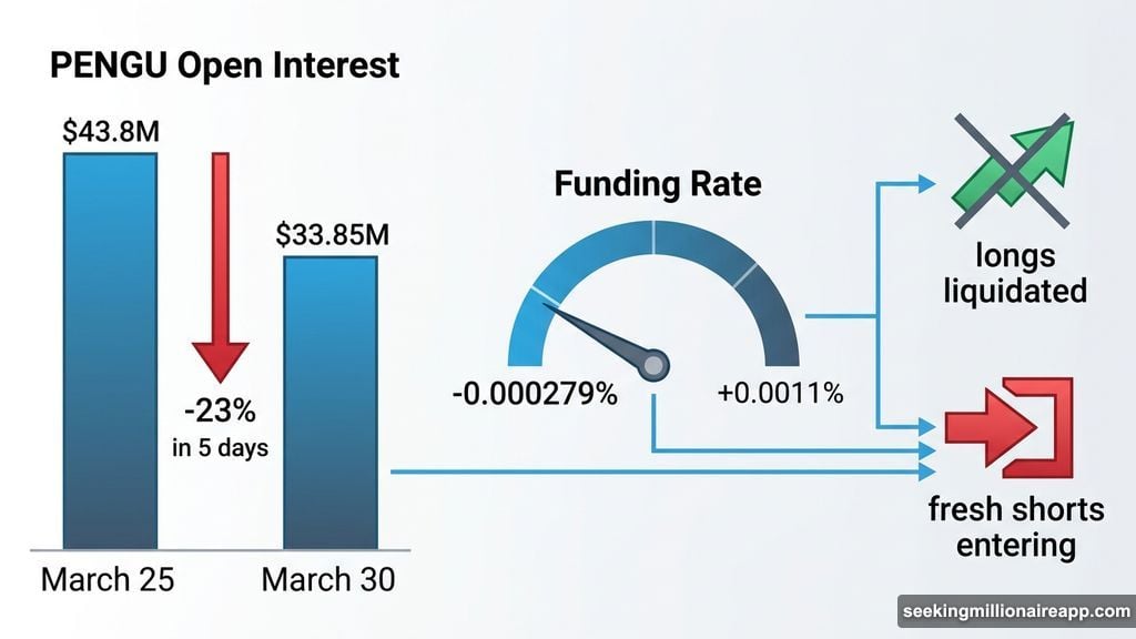 PENGU open interest drop and funding rate flip signal caution
