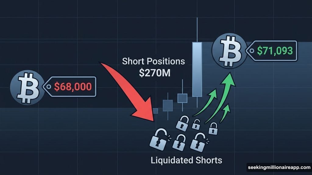 Bitcoin short positions liquidated as price surged past seventy-one thousand dollars