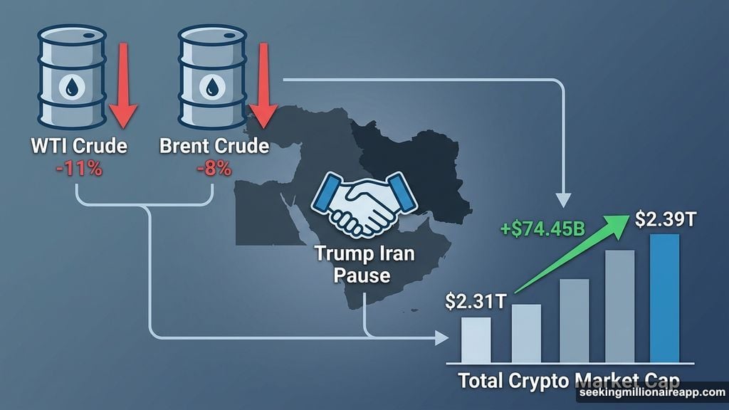 Iran pause drops oil prices triggering seventy-four billion crypto market recovery