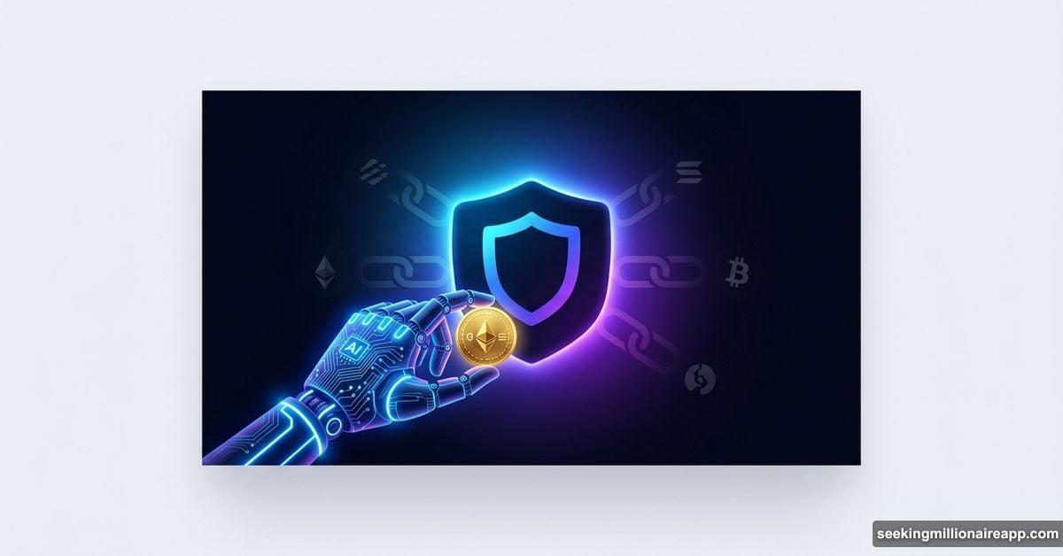 AI robotic hand holding crypto coin with Trust Wallet shield glowing