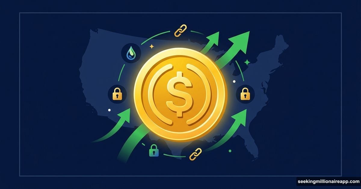 Glowing stablecoin earning on-chain yield over US map background