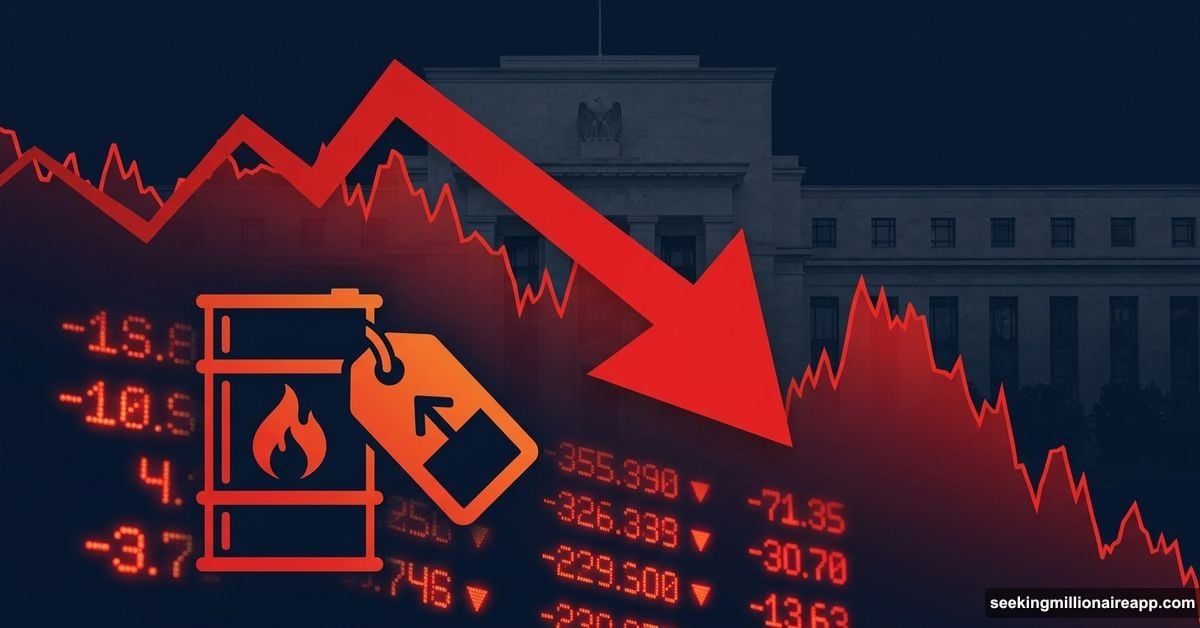 Stock market graph crashing downward with Fed building and oil barrel